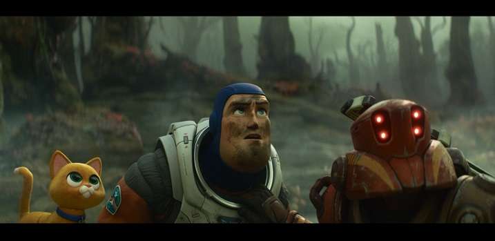 Buzz and his cat scarly watching big spaceship